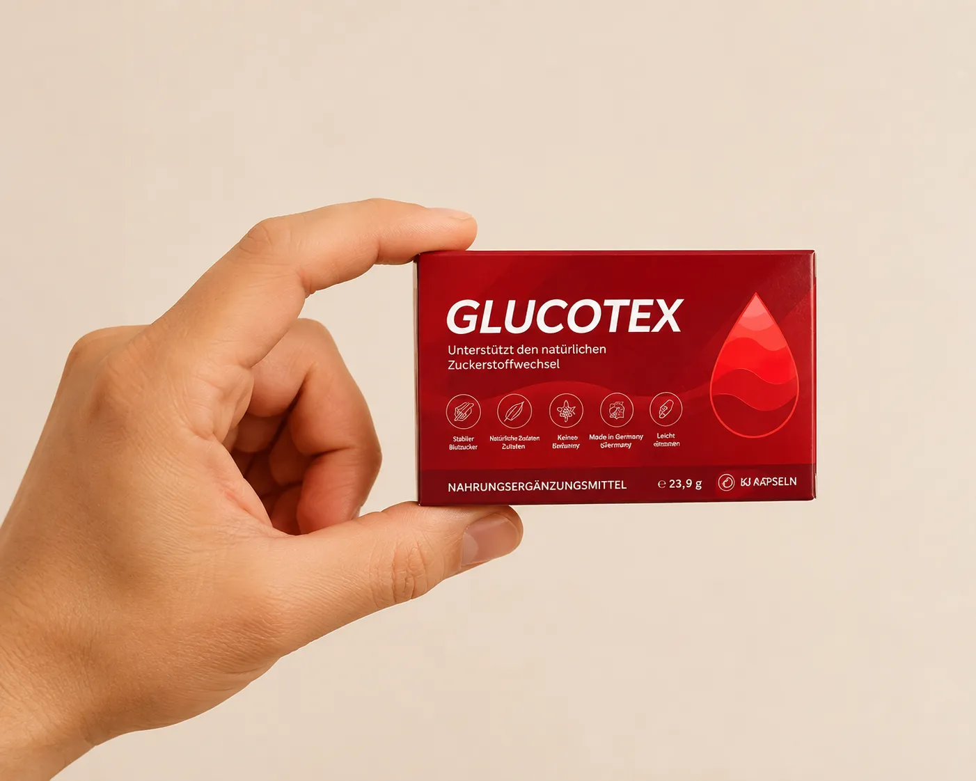 GLUCOTEX — Verpackung in der Hand